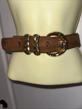 Vintage Express Brown Suede Belt with Hammered Gold Buckle